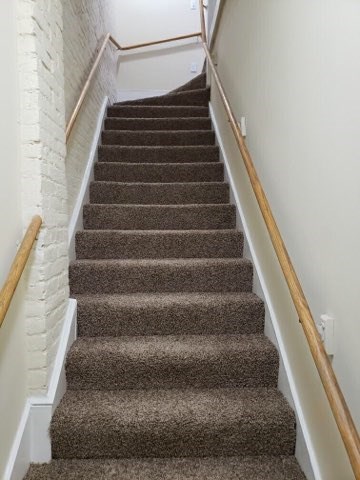 a set of stairs with carpeted stairs